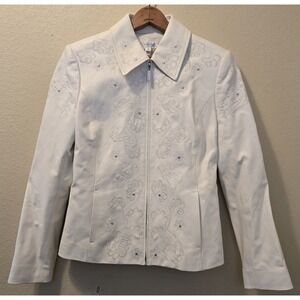 St. John Sport Womens Small Lamb Leather Jacket White W/ Embroidery